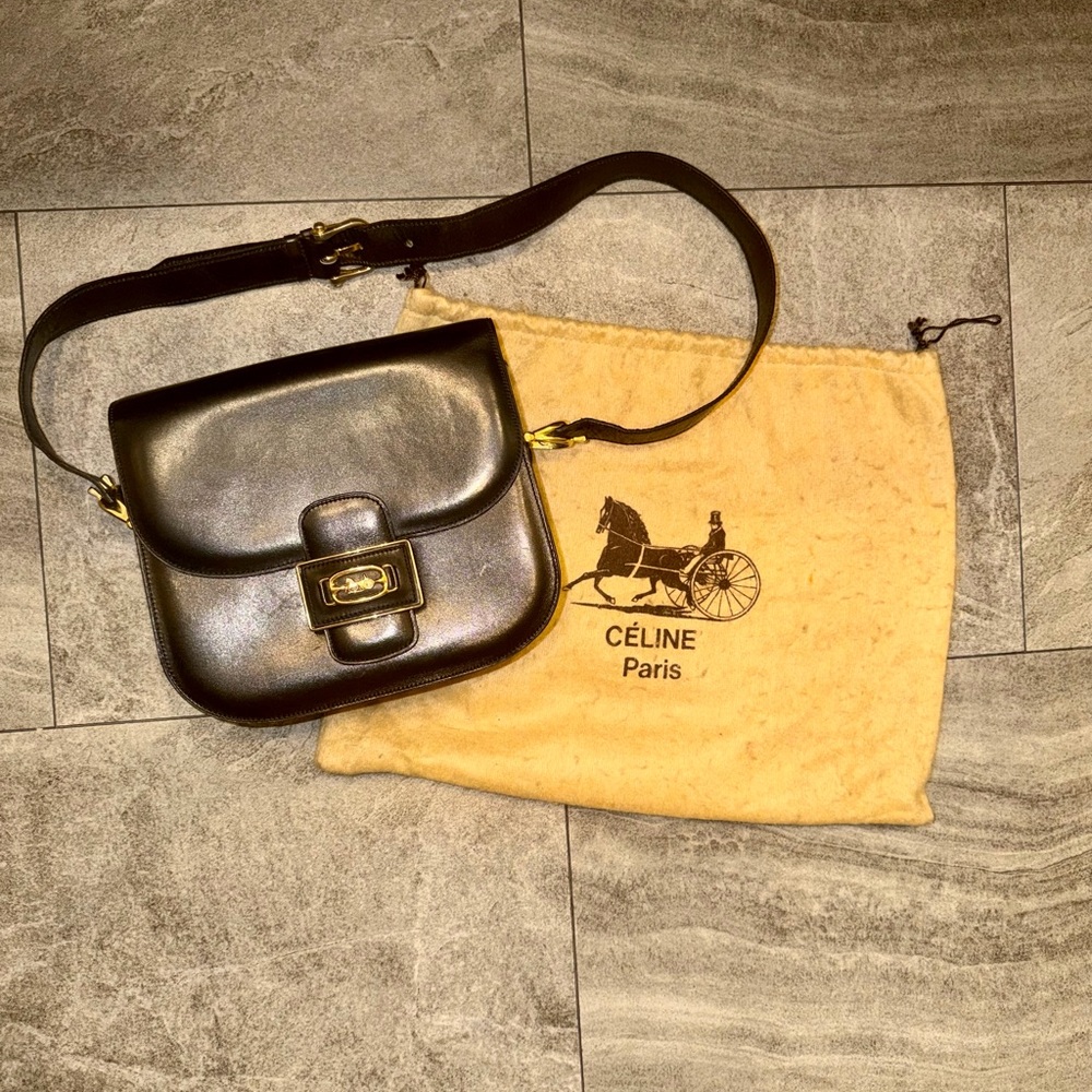 Vintage 1980s CELINE leather shoulder bag. Black with gold hardware.